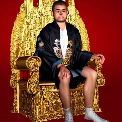 Prompt: modern self portrait of man sitting on throne, legs crossed, while holding a sword, white man, hispanic, brown hair, light skin, golden throne, red robes, 8 k, hi - rez, circles, lamented, clear, brown eyes, colored, sharp, realistic, 3 d