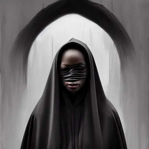 Image similar to a portrait of a young black woman wearing a long dark cloak, hood and shadows covering face, anatomically correct, beautiful perfect face, enigmatic, oil painting, matte painting, black background, Volumetric dynamic lighting, Highly Detailed, Cinematic Lighting, Unreal Engine, 8k, HD, by Beksinski