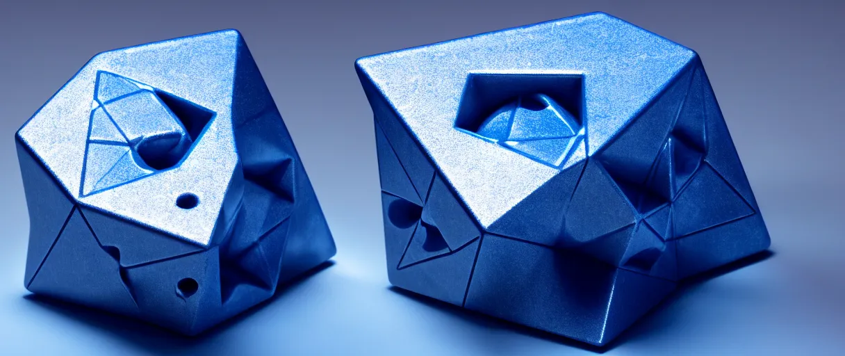 Image similar to hyperrealistic highly detailed Kepler's Platonic solid model impossible object in motion escher dali dramatic blue lighting wide angle hd 8k sharp shallow depth of field
