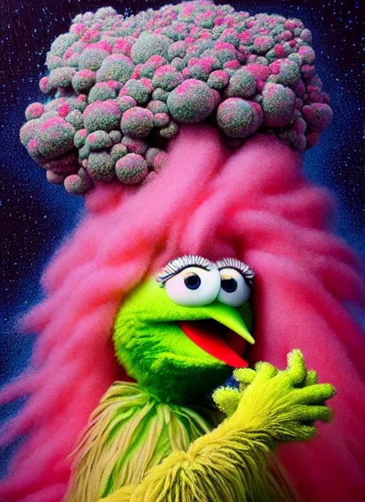 Image similar to hyper detailed 3d render like a Oil painting - kawaii portrait Aurora (the muppet big bird) seen Eating of the Strangling network of yellowcake aerochrome and milky Fruit and His delicate Hands hold of gossamer polyp blossoms bring iridescent fungal flowers whose spores black the foolish stars by Jacek Yerka, Ilya Kuvshinov, Mariusz Lewandowski, Houdini algorithmic generative render, Abstract brush strokes, Masterpiece, Edward Hopper and James Gilleard, Zdzislaw Beksinski, Mark Ryden, Wolfgang Lettl, hints of Yayoi Kasuma, octane render, 8k