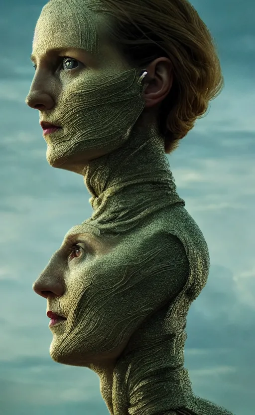 Prompt: woman made of vanes, high detail, 8k, ornate, masterpiece, complex, haze, film still from the movie directed by Denis Villeneuve with art direction by Pablo Picasso and Greg rutkowski, Alex Gray