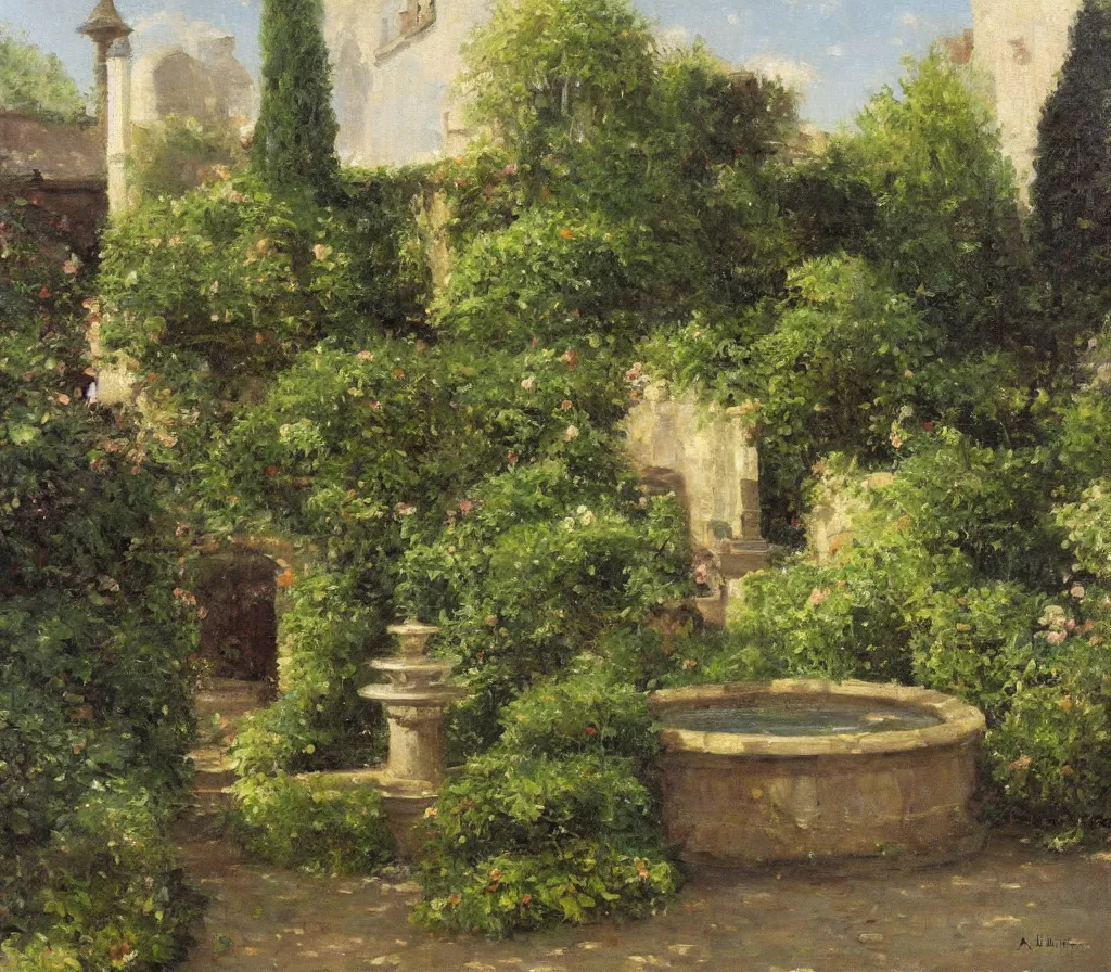 Image similar to Small garden with hedges, center fountain. history painting, artificial sun light, peaceful tiny walled garden, artstation, oil on canvas, by Albert Aublet, Private Collection