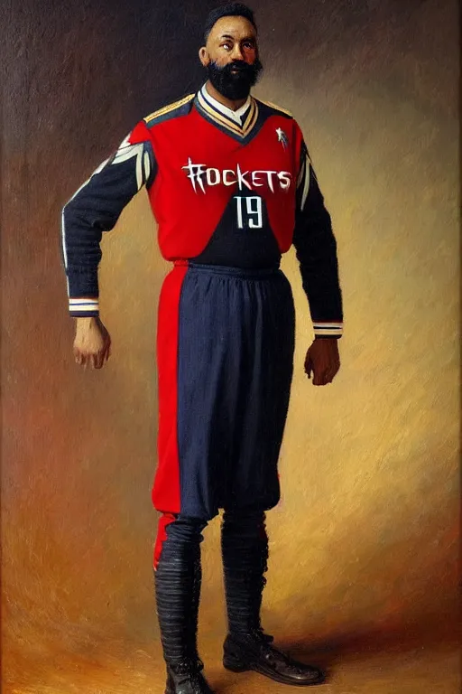 Image similar to full body portrait of the dictator of the houston rockets, 1 8 8 9, in full military garb, oil on canvas by william sidney mount, trending on artstation