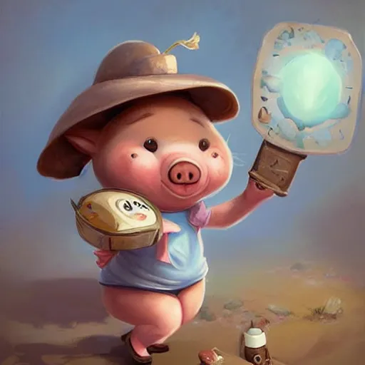 Image similar to cute little anthropomorphic funny female pig wearing shorts, a sunhat, boots and a pale blue shirt!! tiny!! fully clothed!!! small, short, cute and adorable, character art portrait, matte fantasy painting, deviantart artstation, by jason felix by steve argyle by tyler jacobson by peter mohrbacher, cinema