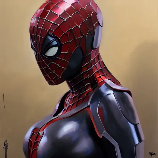 Image similar to greg manchess portrait painting of partially armored female iron spiderman as overwatch character, medium shot, asymmetrical, profile picture, organic painting, sunny day, matte painting, bold shapes, hard edges, street art, trending on artstation, by huang guangjian, gil elvgren, ruan jia, greg rutkowski, gaston bussiere