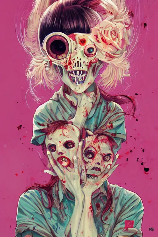 Image similar to a zombie girl smiling cute, Tristan Eaton, victo ngai, artgerm, RHADS, ross draws