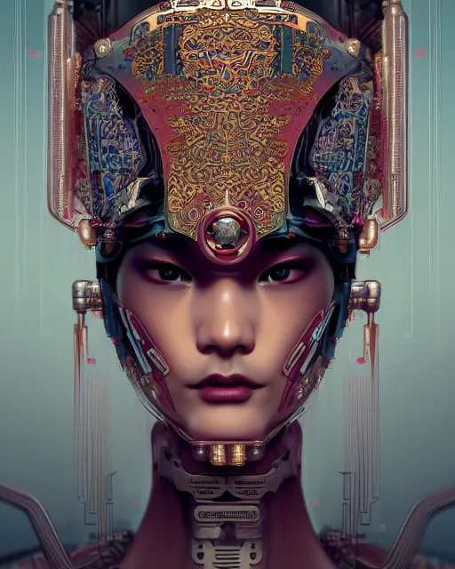 Image similar to portrait of a cyberpunk machine, machine face, upper half portrait, decorated with chinese opera motifs, asian, fine china, traditional chinese art, intricate, elegant, highly detailed, symmetry, headpiece, digital painting, artstation, concept art, smooth, sharp focus, illustration, art by artgerm and greg rutkowski and alphonse mucha, 8 k