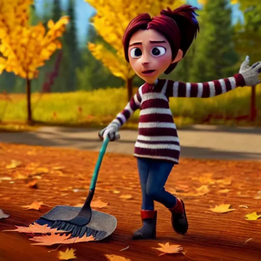 Image similar to a stopmotion animation character, a beautiful canadian woman, gardening, very attractive, messy dark grey hair, striped sweater, tight denim jeans, maroon doc marten boots, canadian maple leaves blowing about, mountains, autumn, unreal engine 5, 8 k, kubo and the two strings, disney, pixar,