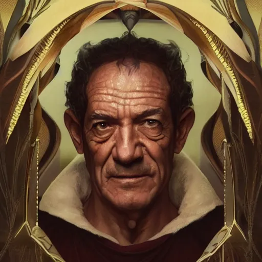 Image similar to portrait of Hector Salamanca as Lucifer, elegant, intricate, headshot, highly detailed, digital painting, artstation, concept art, sharp focus, illustration, art by artgerm and greg rutkowski and alphonse mucha