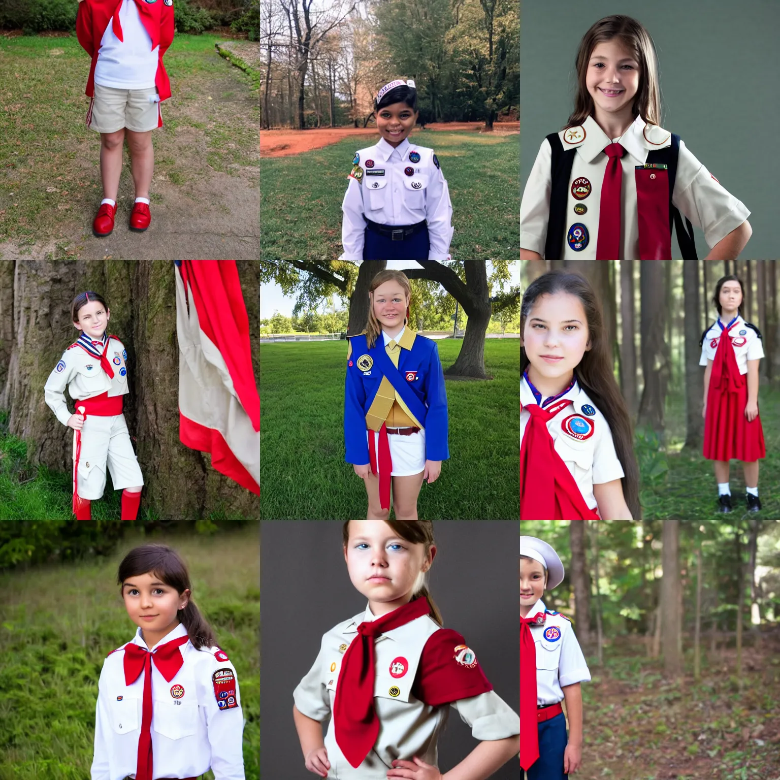 Prompt: girl in white boyscout uniform with red tie