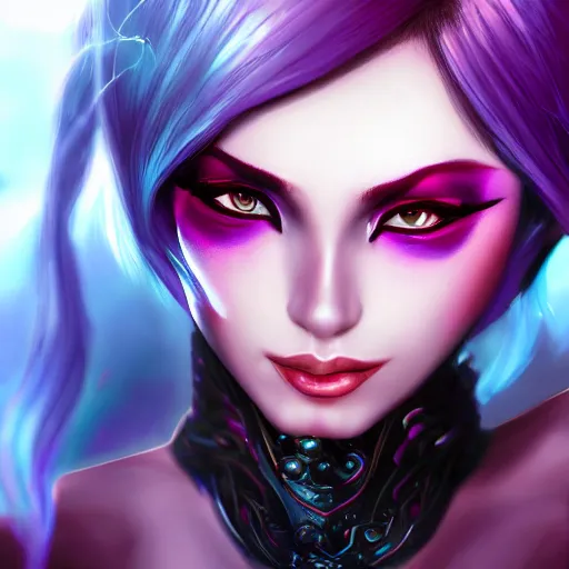 Prompt: photo of evelynn, league of legends, godlike design, beautiful face, detailed face, epic fantasy art, trending on artstation, deviantart, high detail, high definiton, ultra realistic, high quality, ultra quality, hyper realistic, 4 k uhd,