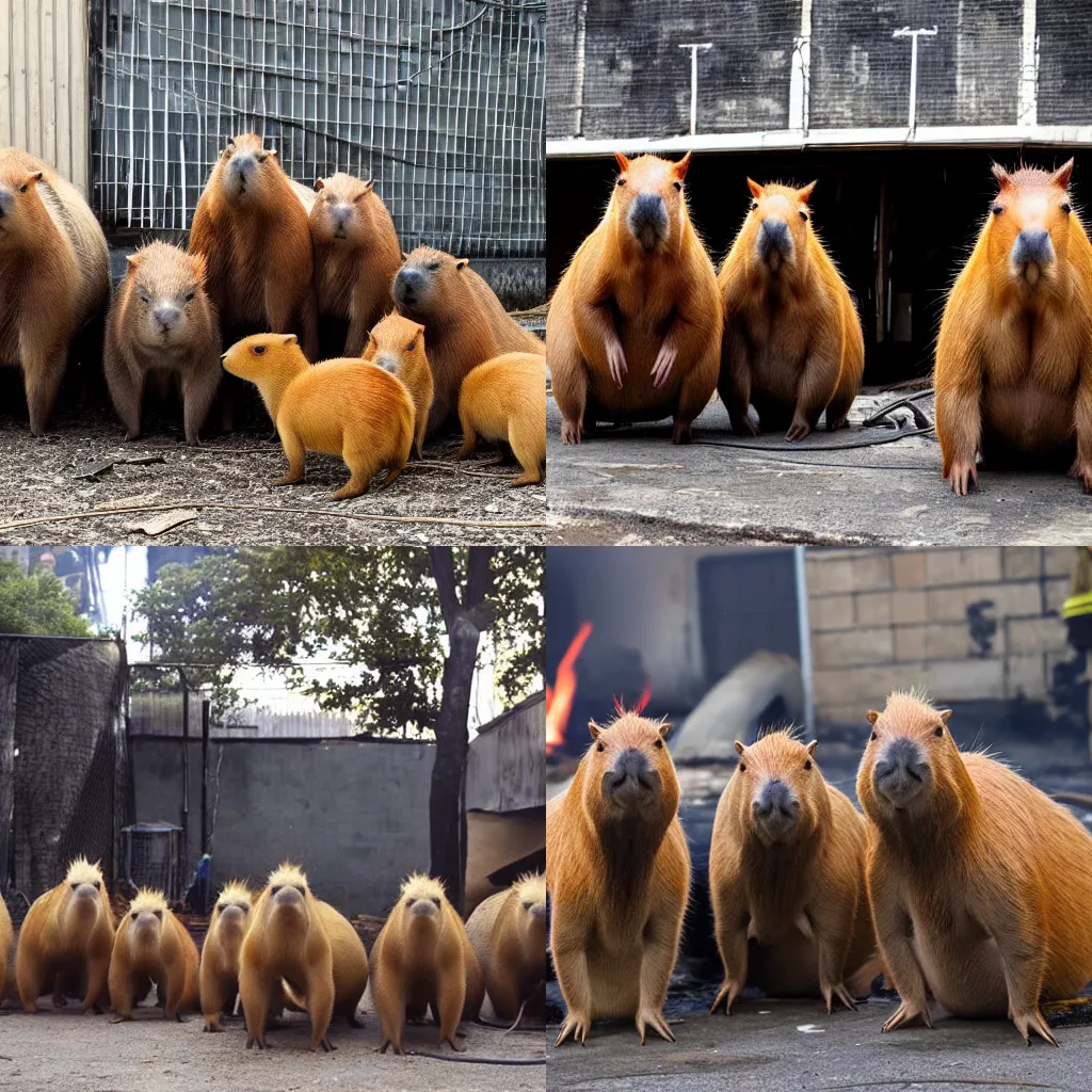 Prompt: a group of Capybaras posing for a photo while standing in front of building covered in fire and flames