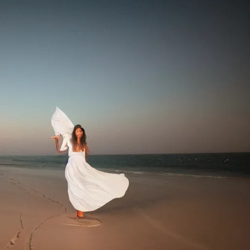 Prompt: lonely wonderful lady with a white large magnificent more and more vaporous ,wrapped ,hight decorated,detailed ,white roses cotton dress is moving in the sand near the ocean, during lightning storm, her face is visible , 8k