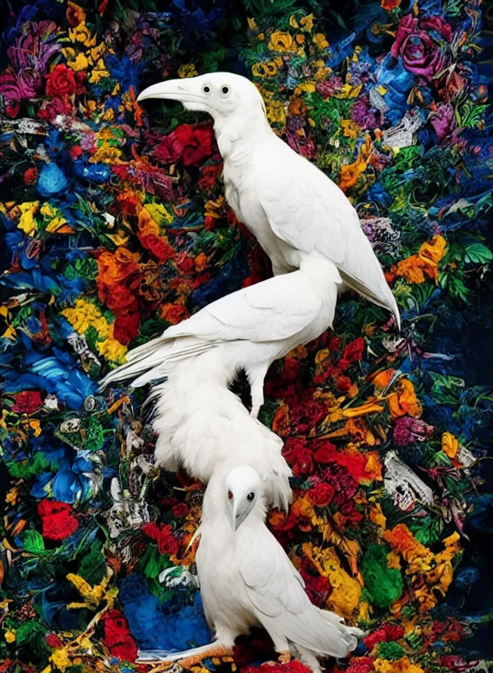 Prompt: photographic masterpiece of an albino raven standing on a colourful ornate skull, annie leibovitz