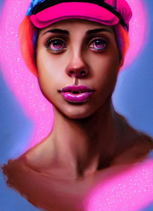 Image similar to portrait of teenage vanessa morgan with bright pink hair, black girl, curly pixie cut hair, wearing newsboy cap, pink short haircut, newsboy cap, hoop earrings, blue eyes, intricate, elegant, glowing lights, highly detailed, digital painting, artstation, concept art, smooth, sharp focus, illustration, art by wlop, mars ravelo and greg rutkowski