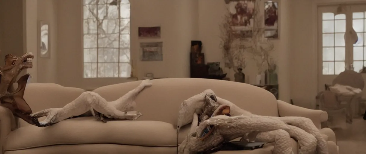 Image similar to an ocotopus waiting on the couch for the phychiatrist to come in, still from the movie her