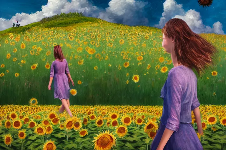 Image similar to giant sunflower as a head, girl walking in daisy field, hills, surreal photography, dark night, star trails, dramatic light, impressionist painting, clouds, digital painting, artstation, simon stalenhag