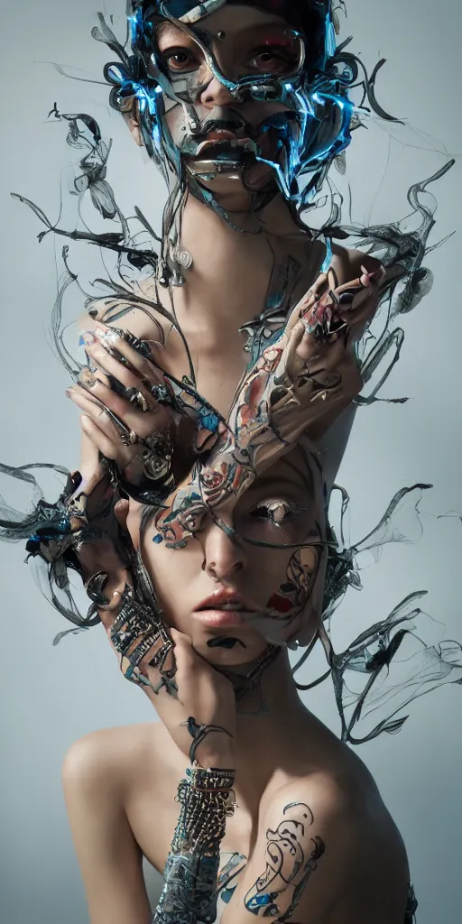 Prompt: hyperrealistic futuristic high fashion photography, girl in studio, full body, vogue magazine, nomad masterpiece, nano parts, neon lights, smoke, eerie music, beautiful intricate face and flawless skin, tribal jewelry, tattoos, perfect hands, head piece, by Edgar Maxence and Ross Tran and Michael Whelan, 8k, octane render