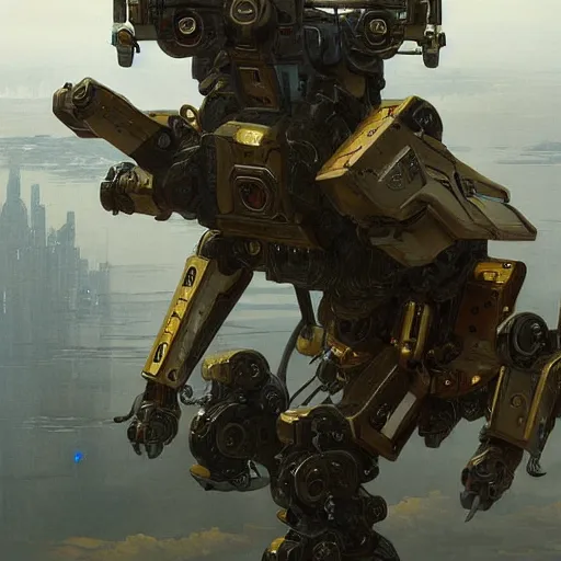 Image similar to epic painting of a realistic four - legged intricate battle robot, rule of thirds, golden ratio, subject in center of frame, trending on artstation, detailed science fiction matte painting by artgerm and greg rutkowski and alphonse mucha,