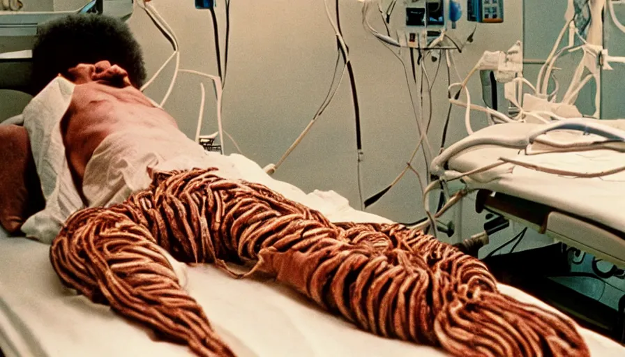 Image similar to 7 0 s movie still of a man made of worms in the hospital, cinestill 8 0 0 t 3 5 mm eastmancolor, heavy grain, high quality, high detail