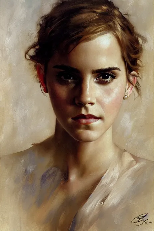Prompt: emma watson detailed portrait painting by gaston bussiere craig mullins j. c. leyendecker richard avedon