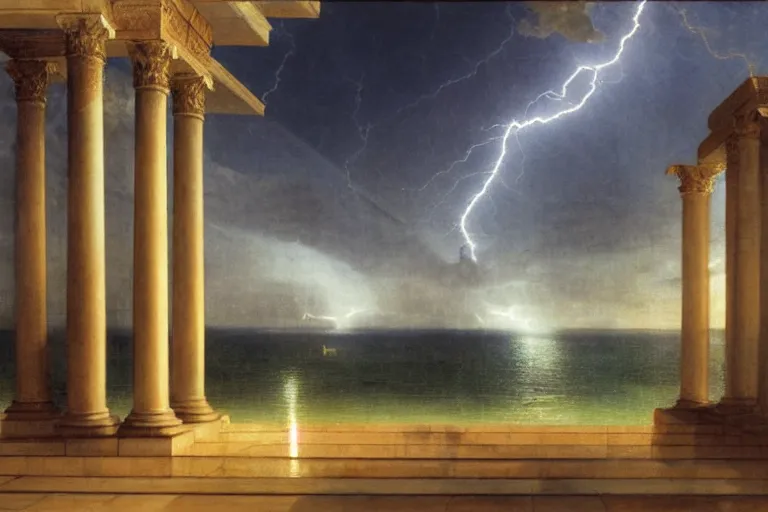 Image similar to mediterranean balustrade and columns, refracted lightnings on the ocean, thunderstorm, greek pool, beach and Tropical vegetation on the background major arcana sky and occult symbols, by paul delaroche, hyperrealistic 4k uhd, award-winning, very detailed paradise