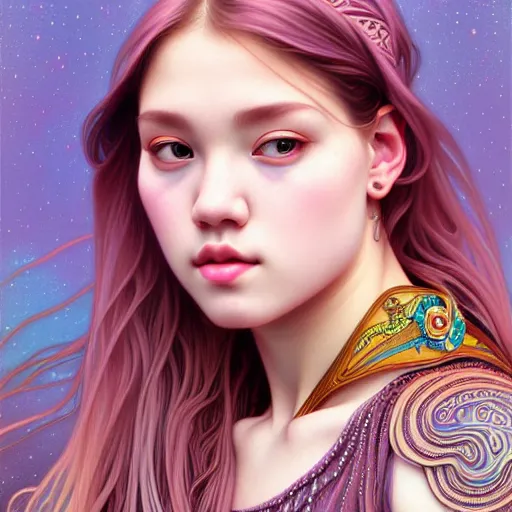 Image similar to portrait of jossi of blackpink, fractal goddess, highly detailed, digital painting, smooth, sharp focus, illustration, ultra realistic, 8 k, art by artgerm and alphonse mucha