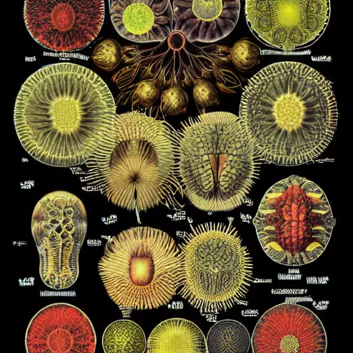 Image similar to ernst haeckel the coronavirus and other viruses in color on black background, symmetrically arranged