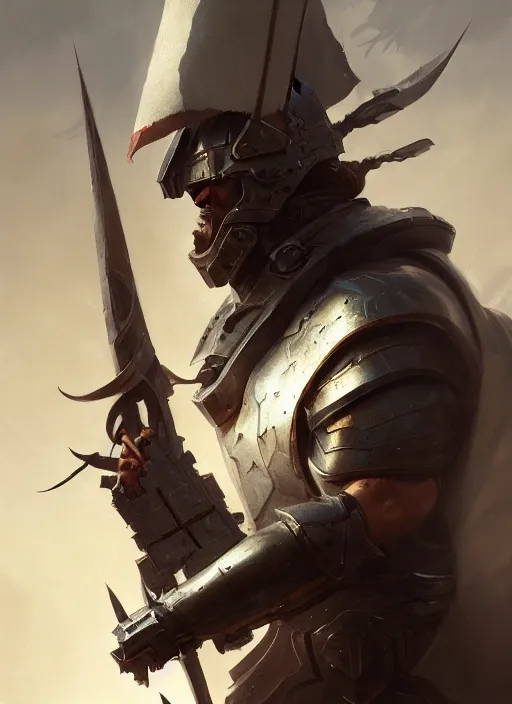 Image similar to portrait epic armored war commander holding a white flag and lost both his arms. highly detailed, digital painting, concept art, smooth, sharp focus, illustration, art by greg rutkowski