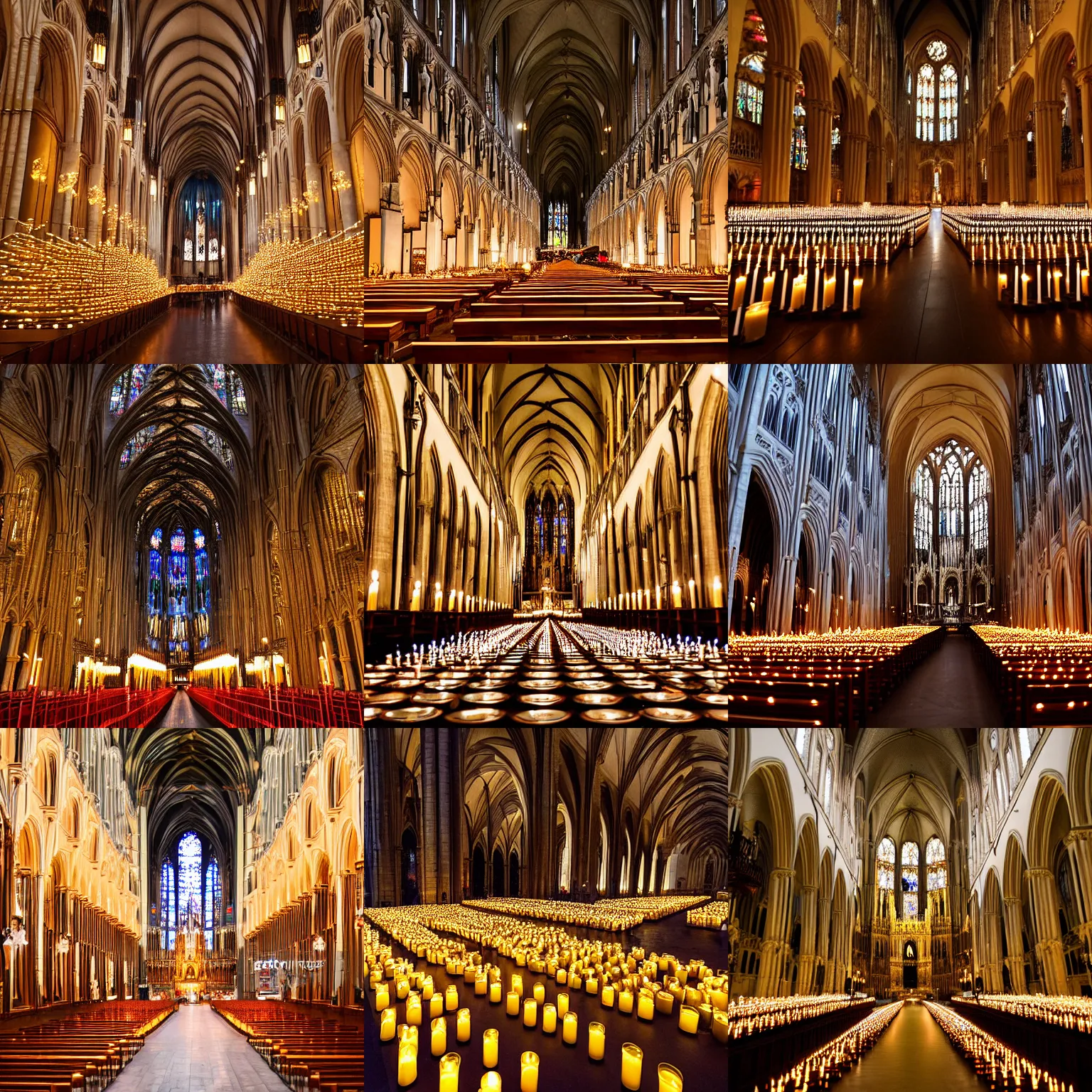 Prompt: symmetry!!! thousands of candles in a german cathedral at night, symmetry!!, candles are the main light source, warm light on walls, ultra wide angle, large format, big candles in foreground, low camera position, amazing professional picture, light halos, stylized, 8 k