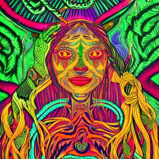 Prompt: ayahuasca journey, beautiful colors, woman shaman, colorful serpent