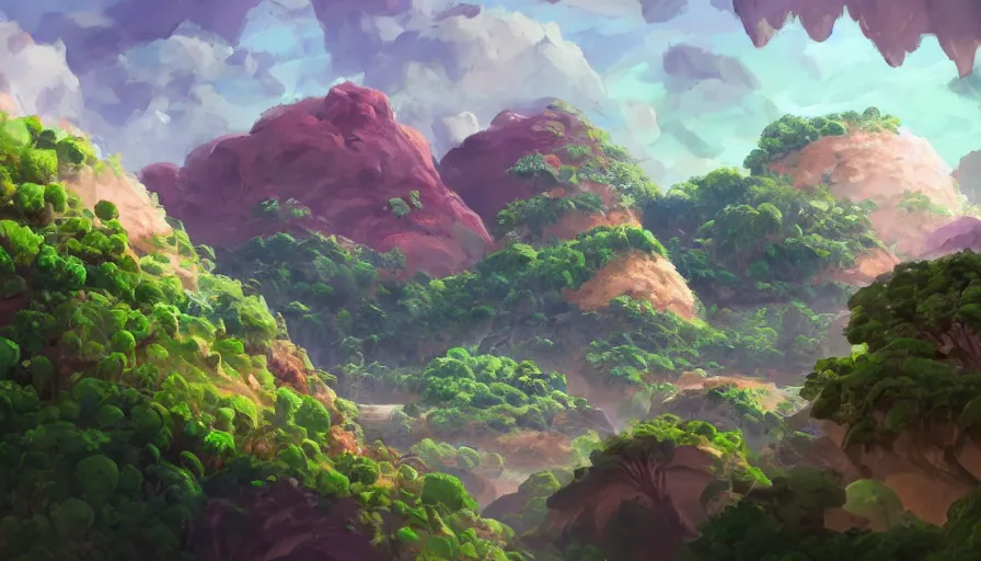 Image similar to beautiful stunning slightly cloudly sky with various differently colored floating islands made of dirt and sand and stone with many varied rainforest forest desert plants and few little animals, landscape, fantasy, concept art, unreal engine, painted in photoshop, krita, clip studio paint, procreate, mypaint, digital art, trending on artstation