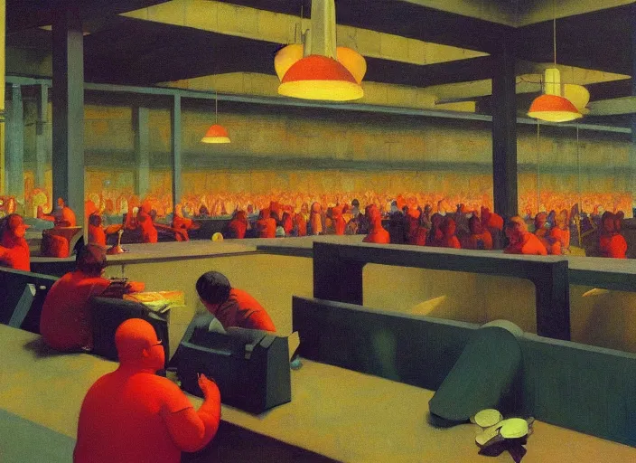 Image similar to crowd of fat people in Amazon fulfillment flooded warehouse Edward Hopper and James Gilleard, Zdzislaw Beksinski, highly detailed