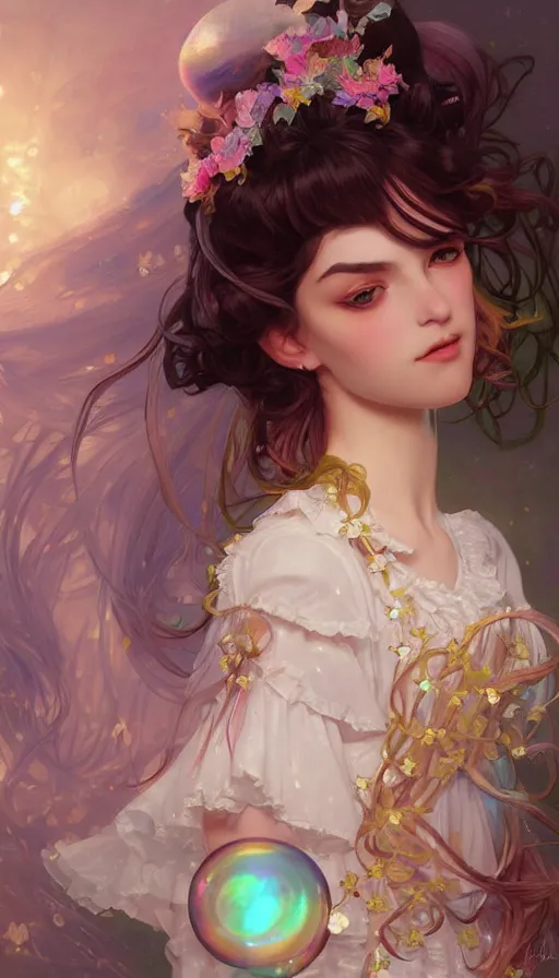 Prompt: portrait of magical lolita girl, dreamy and ethereal, peaceful expression, ornate frilly dress, fantasy, intricate, elegant, rainbow bubbles, highly detailed, digital painting, artstation, concept art, smooth, sharp focus, illustration, art by artgerm and greg rutkowski and alphonse mucha