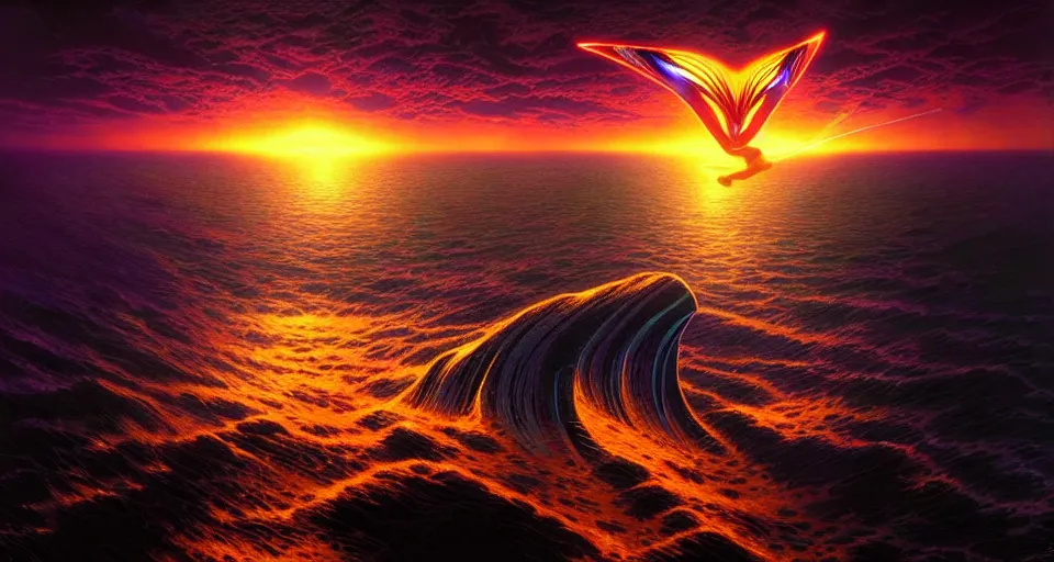 Image similar to psychedelic tron wings in front mind bending sunset, cliffside ocean scene, backlit, aesthetic, elegant, diffuse lighting, hyper realistic, elegant, intricate, hyper detailed, smooth, sharp focus, concept art, illustration, trending on artstation, art by artem demura, greg rutkowski, james gurney, and alphonse mucha