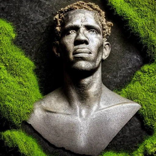 Image similar to Award-winning photograph by Mar Mann. The photo depicts a decaying roman bust of Barak Obama overgrown with moss at the bottom of the sea in the middle of ruins of civilization. Minimalism, high definition, perfect composition. Deep sea picture. Very dark. Volumetric Lighting. Fish. Darkness. Ruins