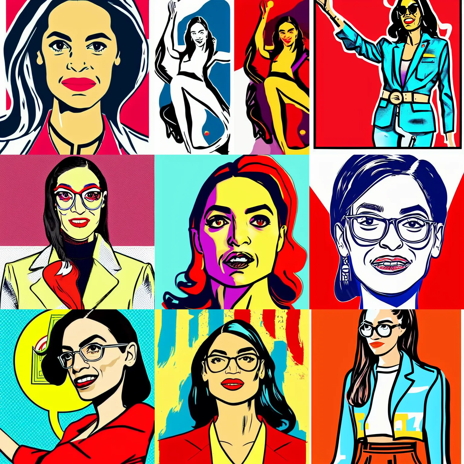 Prompt: full body illustration of alexandria ocasio cortez done in the art style of reynold brown, pop art