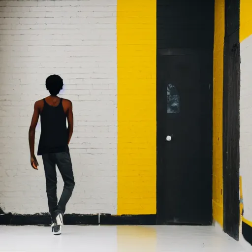 Image similar to black teenage boy with a long nose wearing a white tank top, walking in a nostalgic room with yellow walls and brown carpet