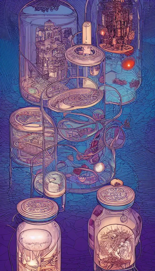 Prompt: Luminous jars full of dreams, futurism, da vinci, Dan Mumford, Josan Gonzalez