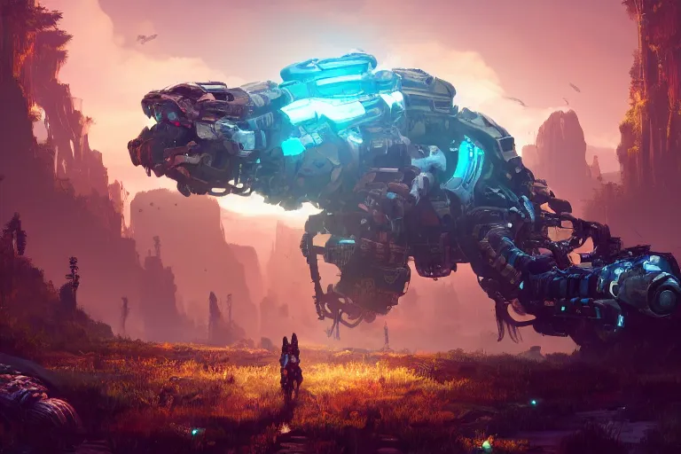 Image similar to snapmaw machine mecanical creature robot of horizon forbidden west horizon zero dawn bioluminiscence global illumination ray tracing hdr fanart arstation by ian pesty and alena aenami artworks in 4 k