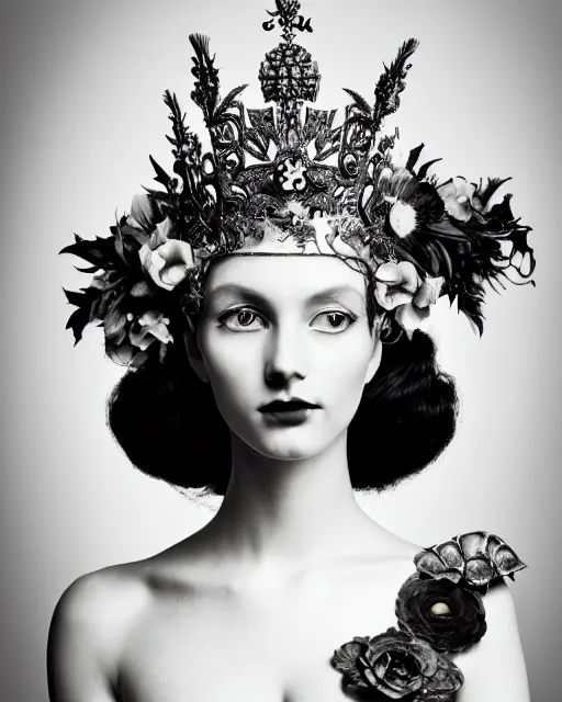 Prompt: a black and white high quality dreamy photo of a young beautiful female queen-silver dragon-vegetal-flower-cyborg bust with a very long cyborg neck and a steampunk flower crown, elegant, highly detailed, poetic, soft, dreamy, mysterious, high fashion, in the style of Horst P. Horst, Metropolis, Realistic, Refined, Digital Art, Highly Detailed, Cinematic Lighting, rim light, black and white, photo-realistic, 8K