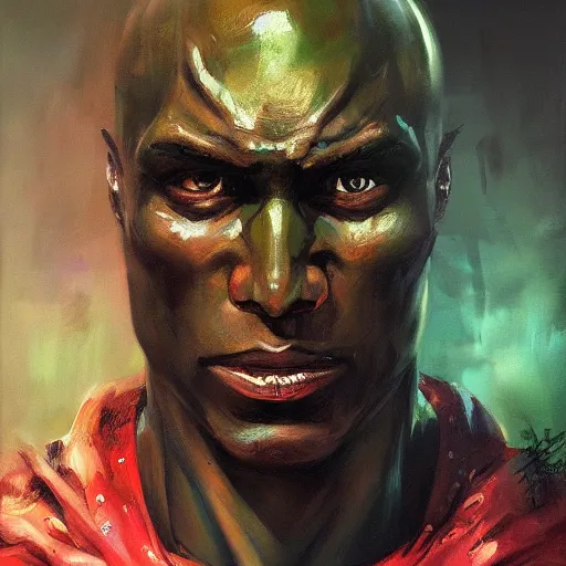 Image similar to face protrait of martian manhunter, realistic, ultrahd, jeremy mann painting