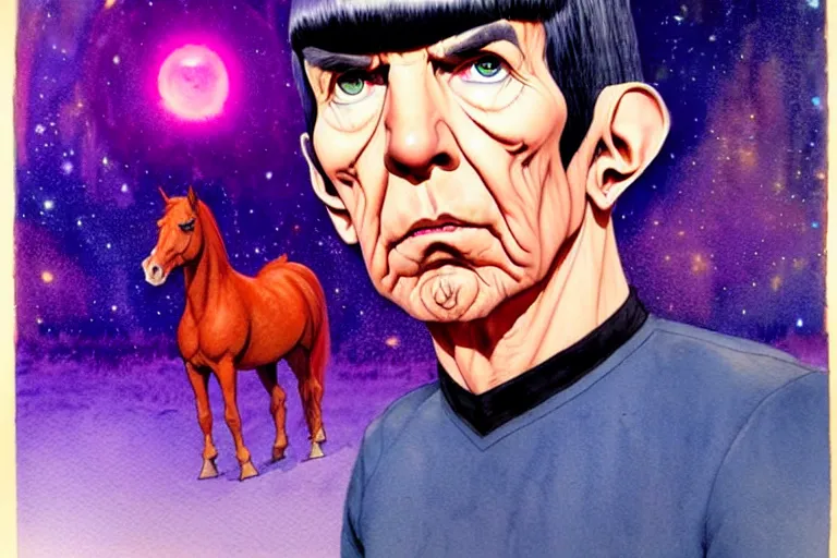 Prompt: a hyperrealist watercolour character concept art portrait of spock. there is twilight zone vibe. on well lit night in las vegas. there is a horse. a ufo is in the background. by rebecca guay, michael kaluta, charles vess and jean moebius giraud