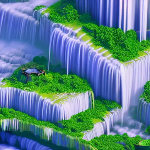 Image similar to new york surrounded by waterfalls on a floating island in the sky, low poly art, isometric art, 3d render, ray tracing, high detail, artstation, concept art, behance, smooth, sharp focus, ethereal lighting, unreal engine 5