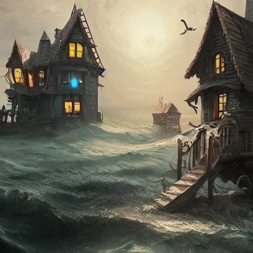 Prompt: realistic scary witches in front of a candy witch house, floating on the ocean, epic scene, fantasy, cinematic, hyper - detailed, in the style of greg rutkowski