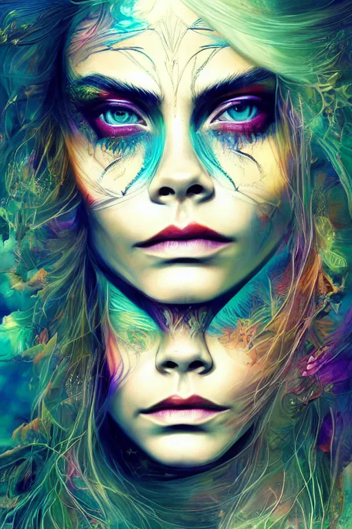 Image similar to an absolutely gorgeous portrait of Cara Delevigne by Android Jones, wings, fractals, Gorgeous colors, face symmetry, insane detail, gorgeous colors, strong composition, awe inspiring lighting, psychedelic, volumetric light, symmetry, subsurface scattering