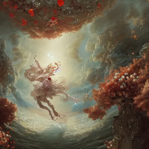 Image similar to A beautiful ultradetailed anime illustration of rococo with falling petals,by Fabio Listrani,johfra bosschart, Greg Rutkowski and Peter Mohrbacher,4k art, Ultra wide angle,hyper real, trending on artstation