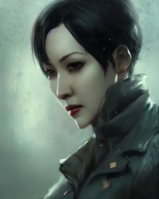 Prompt: battle hardened, sly, cunning, rugged ada wong, face centered portrait, confident, ruined cityscape, zombies, fog, rain, volumetric lighting, soft light particles floating near her, illustration, perfectly shaded, soft painting, art by krenz cushart and wenjun lin
