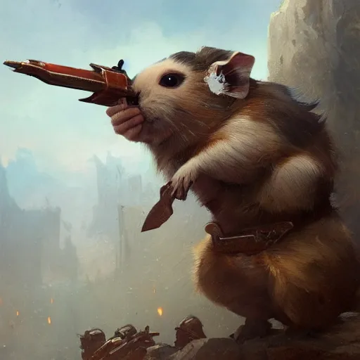 Prompt: Adorable Guinea Pig holding a frivolous weapon of war, illustrated by Greg Rutkowski and Gaston Bussiere, serious lighting, dramatic amtosphere, war-art style, photorealistic imagery, trending on artstation, 4k, 8k