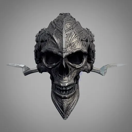 Image similar to a black sword skull handle, ornament, weapon, a 3 d render by dom qwek, studio lighting, front side view, trending on polycount, futurism, hard surface modeling, rendered in maya, 3 ds max, blender, artstation hd, vray